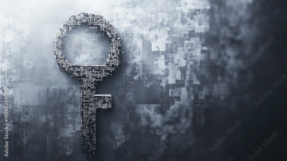 Poster A grey background with a key designed from digital code, representing encrypted access or digital transformation, perfect for technology or security themes.