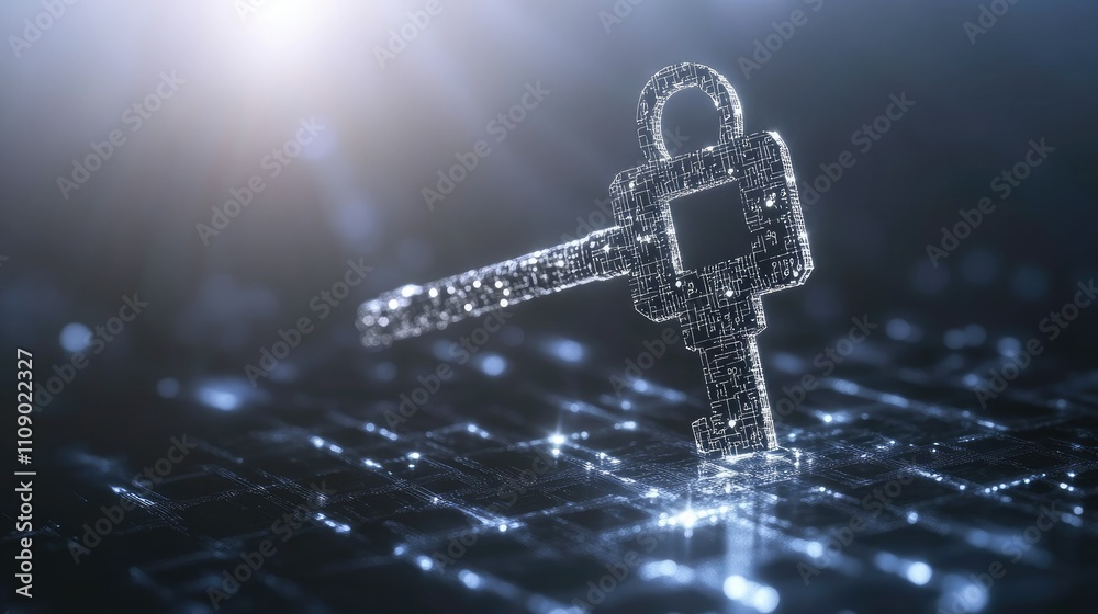 Poster A grey background with a key designed from digital code, representing encrypted access or digital transformation, perfect for technology or security themes.