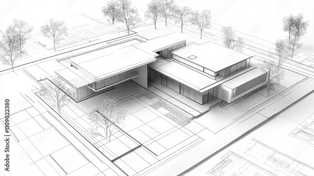 Poster a high-quality blueprint of a modern house, with accompanying 3d visuals and technical plans, showca