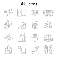 Fototapeta premium Ski icons set in thin line style