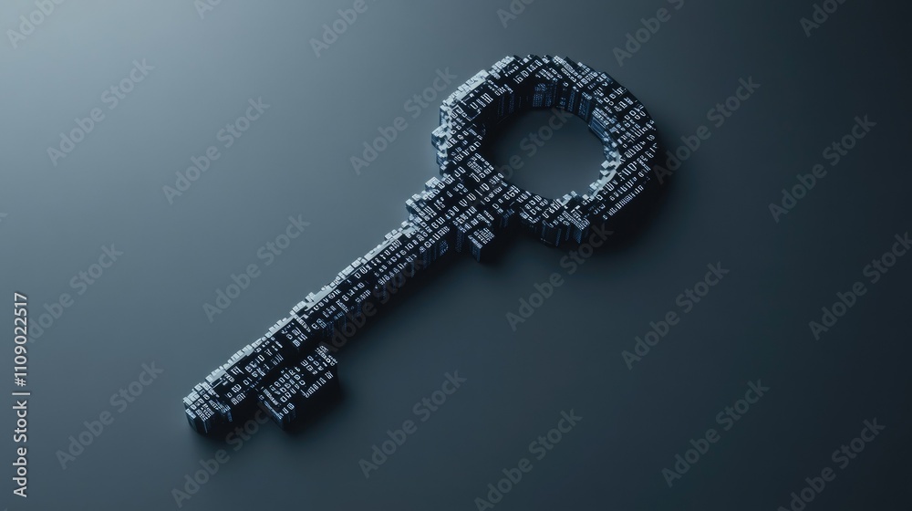 Poster A key shaped from programming code on a grey background, representing access to digital systems or secure data. Ideal for cyber security marketing.