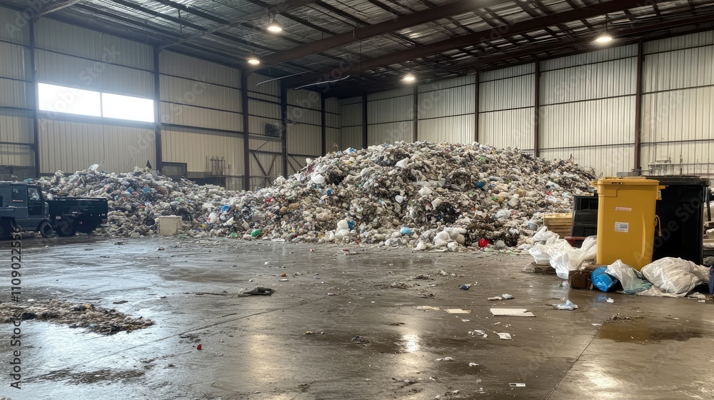 Poster a large pile of mixed garbage overflowing in a recycling center warehouse, emphasizing waste managem