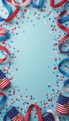 Fototapeta premium This vibrant image showcases a playful arrangement of red, white, and blue ribbons intertwined with sparkling stars and festive confetti against a soft blue background. The scene radiates a joyful