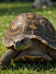Obraz premium Tortoise on grass in a park.