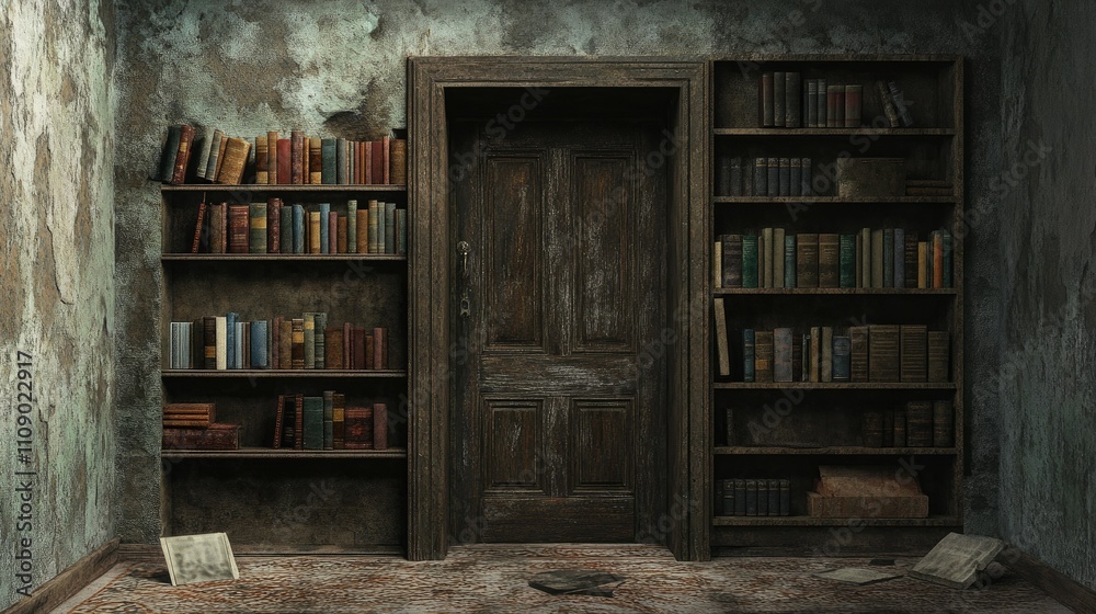 Aufkleber A mysterious secret bookshelf hidden behind a door, creating a sense of intrigue and wonder. Perfect for creative storytelling or escape room concepts.