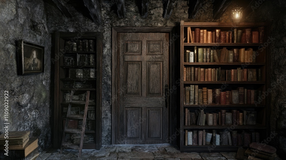Poster A mysterious secret bookshelf hidden behind a door, creating a sense of intrigue and wonder. Perfect for creative storytelling or escape room concepts.
