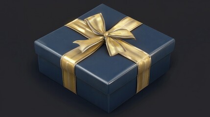 Obraz premium A navy blue gift box adorned with a gold ribbon and bow, exuding elegance and sophistication. Ideal for holiday or luxury product campaigns.
