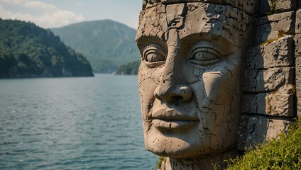 Fototapeta premium Towering stone face overlooking a tranquil body of water
