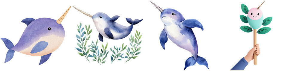 Under sea watercolor, Colorful illustrations of playful narwhals, showcasing their unique tusks and aquatic features in a whimsical style.