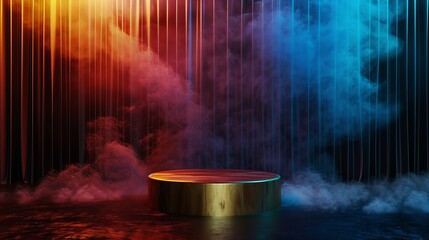 A circular wooden platform surrounded by vibrant smoke and colorful lights in orange, blue, and purple hues.