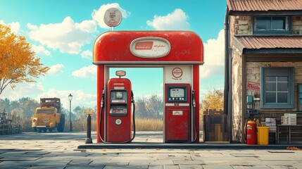 A retro gas station with a classic ancient gas pump, perfect for nostalgic, vintage-themed visuals or historical content.
