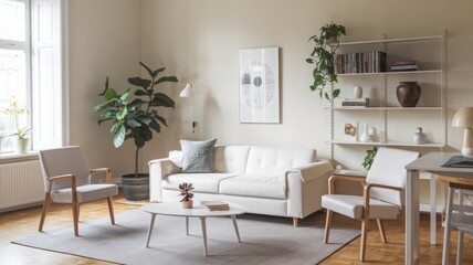 Fototapeta premium Modern Minimalist Living Room with Stylish Furniture and Plants. A beautifully designed minimalist living room featuring a cozy sofa, armchairs, and greenery, perfect for stock photography.