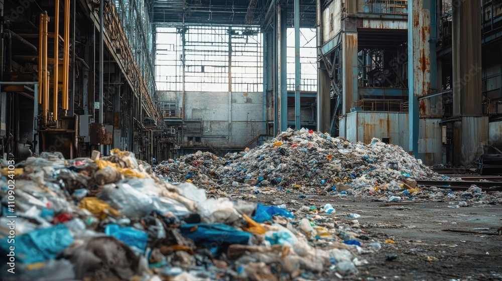 Aufkleber A scene of garbage piling up inside an abandoned factory, showcasing the decaying structure and accumulation of waste