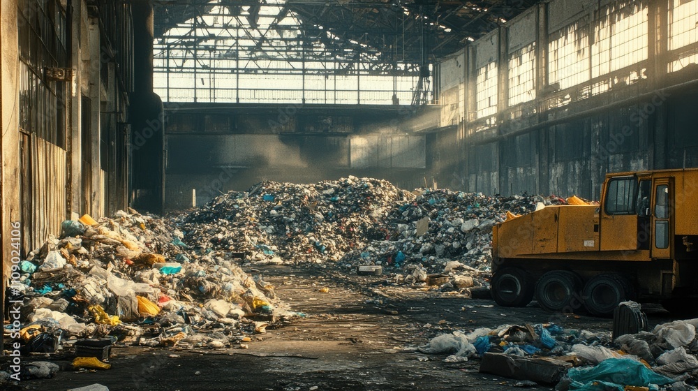 Poster A scene of garbage piling up inside an abandoned factory, showcasing the decaying structure and accumulation of waste