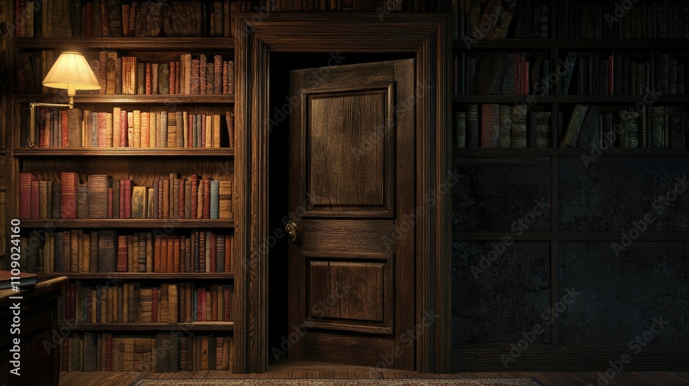 Poster A secret door leading to a hidden bookshelf in a dimly lit room, offering a sense of adventure and intrigue. Perfect for creative concepts or hidden spaces.