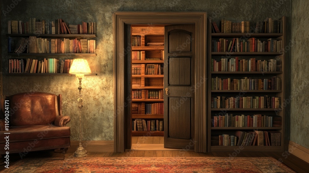 Poster A secret door leading to a hidden bookshelf in a dimly lit room, offering a sense of adventure and intrigue. Perfect for creative concepts or hidden spaces.