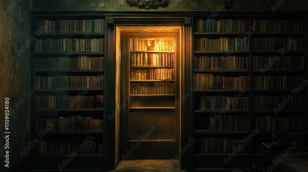 Poster A secret door leading to a hidden bookshelf in a dimly lit room, offering a sense of adventure and intrigue. Perfect for creative concepts or hidden spaces.