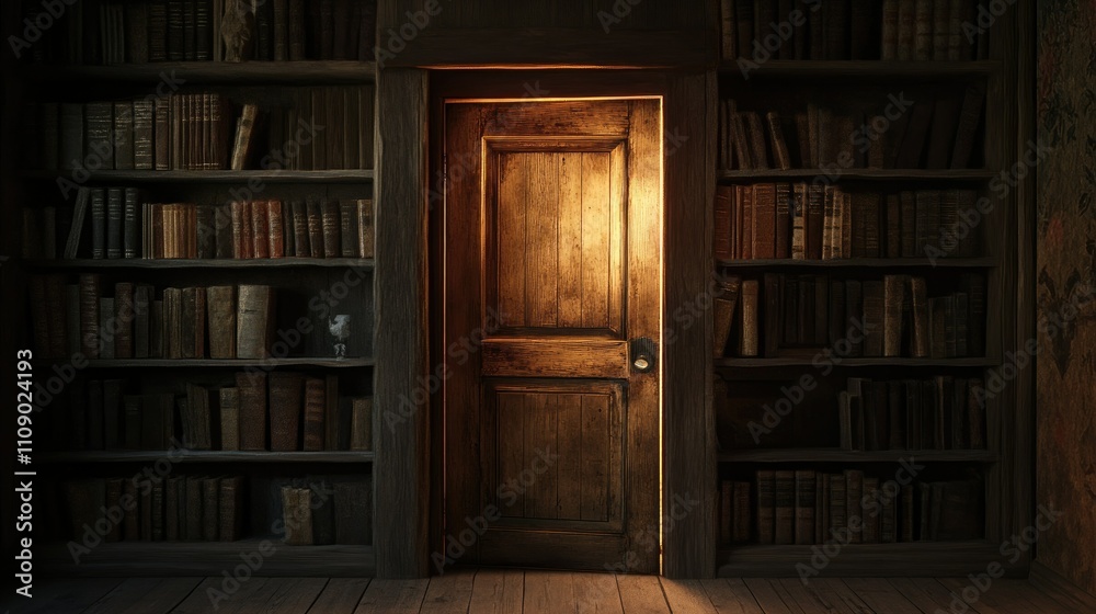 Poster A secret door leading to a hidden bookshelf in a dimly lit room, offering a sense of adventure and intrigue. Perfect for creative concepts or hidden spaces.