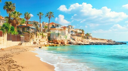 Obraz premium Scenic coastal view of israel beach houses under blue sky for travel and relaxation concept 