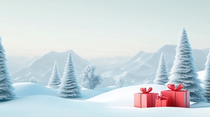 Snowy landscape with gifts in winter setting.