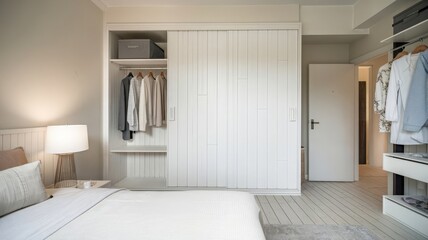 Obraz premium Modern Minimalist Bedroom with Built-in Wardrobe and Soft Lighting. A serene modern bedroom featuring a built-in wardrobe, soft textures, and warm lighting, ideal for cozy living or stylish...
