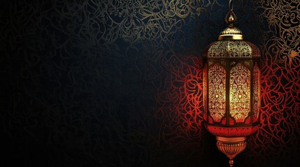 A stylish Ramadan card featuring a traditional lantern with intricate designs on a black background, leaving room for custom text or greeting
