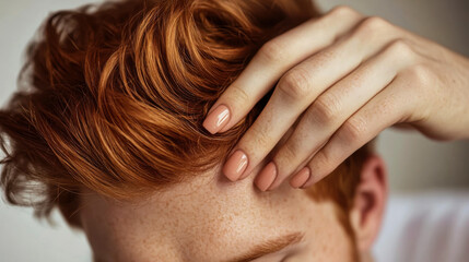 Fototapeta premium Styling red hair with hands to achieve a trendy look in a well-lit indoor setting during the day