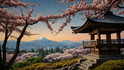 Fototapeta premium Traditional Japanese landscape with a pagoda and cherry blossoms.