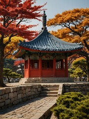 Fototapeta premium Traditional Korean pagoda against a bold artistic backdrop.