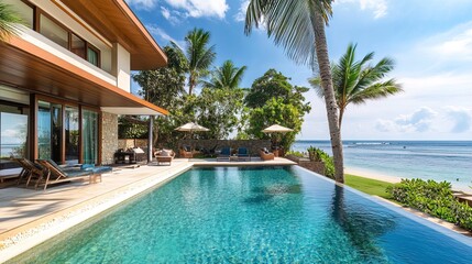 Fototapeta premium Beautiful luxury modern beach home with backyard swimming pool 