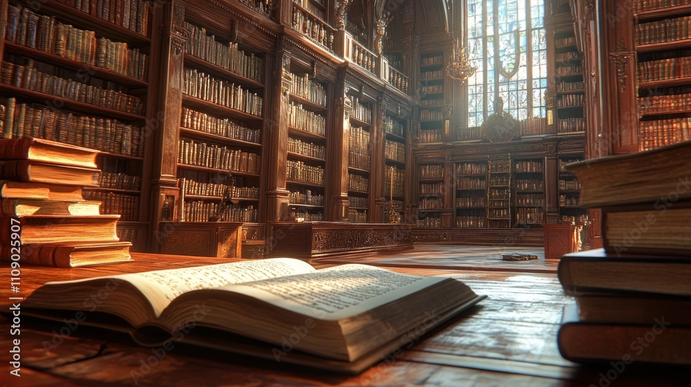 Poster a warm, inviting interior of an old library with an open book lying on a wooden desk, surrounded by 