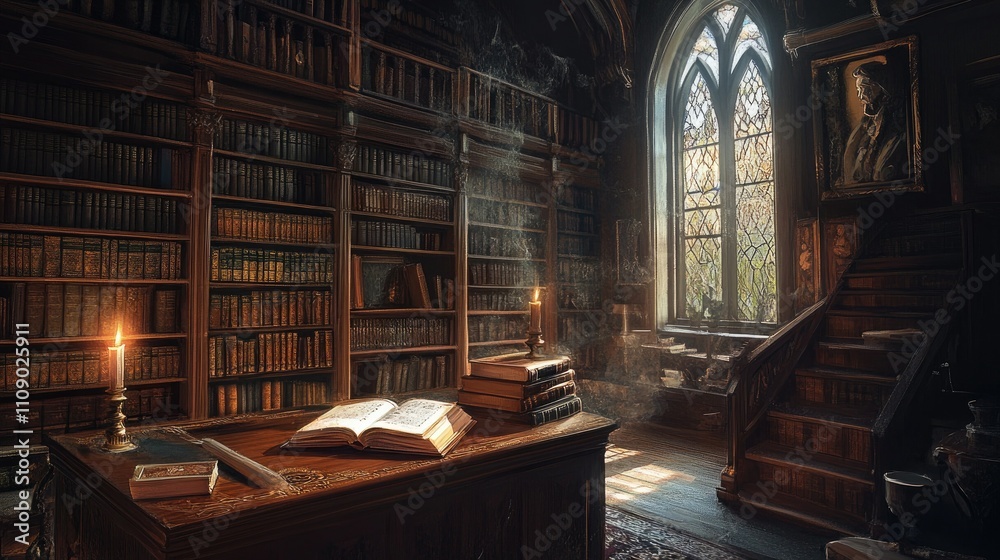 Poster a warm, inviting interior of an old library with an open book lying on a wooden desk, surrounded by 