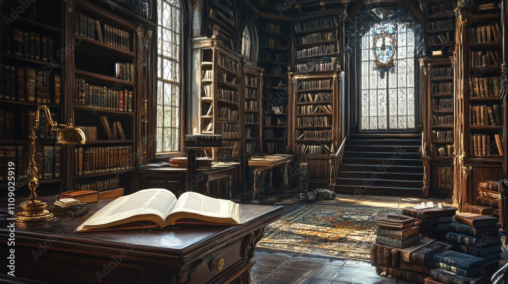 Poster a warm, inviting interior of an old library with an open book lying on a wooden desk, surrounded by 