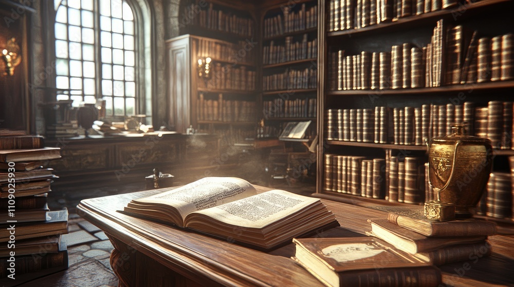Poster a warm, inviting interior of an old library with an open book lying on a wooden desk, surrounded by 