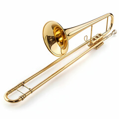 A shiny trombone with a golden finish and extended tuning slide,