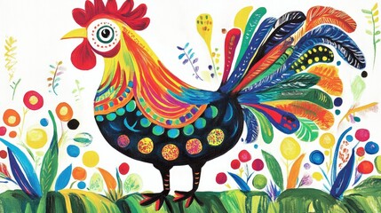 Obraz premium A whimsical children drawing of a rooster, filled with bold, playful colors and creative strokes that capture youthful imagination