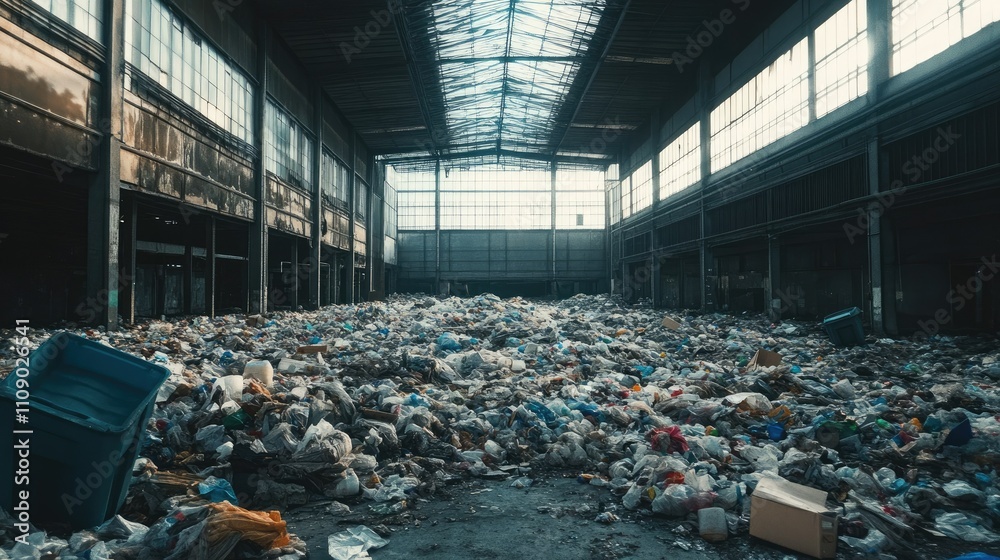 Poster an abandoned factory building filled with heaps of garbage, portraying urban decay and the neglect o