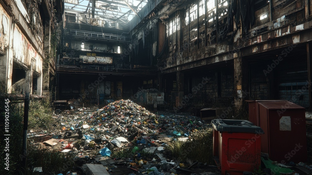 Poster an abandoned factory building filled with heaps of garbage, portraying urban decay and the neglect o