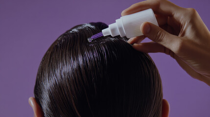 Fototapeta premium Applying a hair treatment serum to shiny hair against a vibrant purple background, highlighting self-care and beauty routines