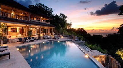 Fototapeta premium Opulent villa boasts a breathtaking pool and alluring outdoor seating area bathed in the warm glow of the setting sun. 