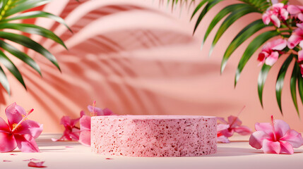 Pink cosmetics product advertising podium stand with tropical leaves and flowers background. Empty natural stone pedestal platform to display beauty product.