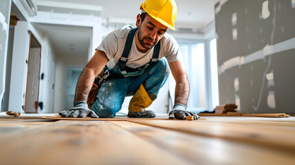 Man in work overalls installing laminate timber flooring. Male construction worker laying laminate wood plank on floor. Hardwood floor renovation concept.