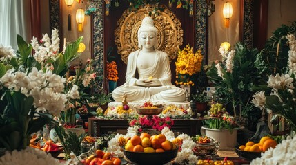 Fototapeta premium Buddhist offering altar with a white ivory statue, adorned with flowers and fruits for a serene spiritual atmosphere. Ideal for sacred or cultural visuals.