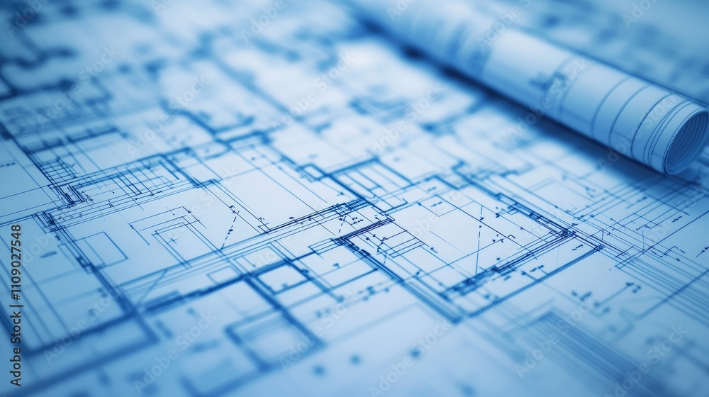 Poster close-up of an architectural blueprint for a modern house, accompanied by 3d visualizations and tech