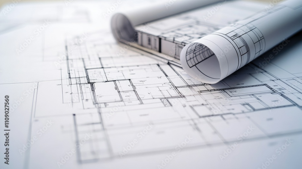 Poster Close-up of an architectural blueprint for a modern house, accompanied by 3D visualizations and technical drawings for construction planning