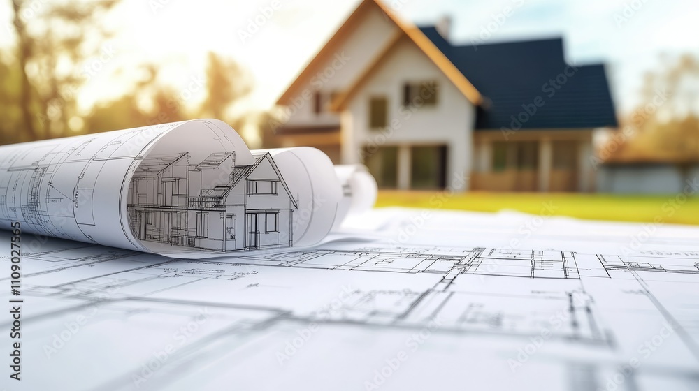 Poster close-up of an architectural blueprint for a modern house, accompanied by 3d visualizations and tech