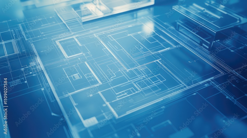 Poster close-up of an architectural blueprint for a modern house, accompanied by 3d visualizations and tech
