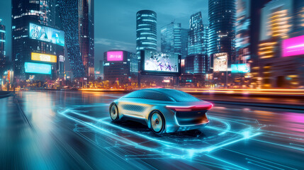 Fototapeta premium A futuristic, self-driving car cruising through a smart city with AI-powered streetlights, digital billboards, and autonomous transportation systems in the background. 