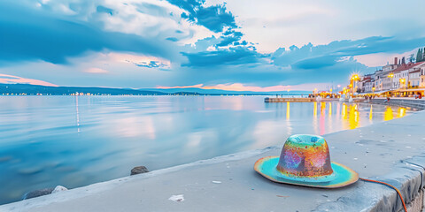 Fun sequin rainbow cowboy hat seaside travel destination coastal tourism lgbtq vacation pride fashion beach party summer water boardwalk adventure tranquil holiday escape banner copy space background