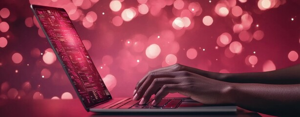 A close-up of hands typing on a laptop with a vibrant red background, creating a dynamic and modern digital atmosphere.